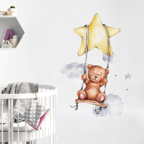 Stickers chambre de bébé - Autocollants ourson brun ou lapin faisant de la balançoire