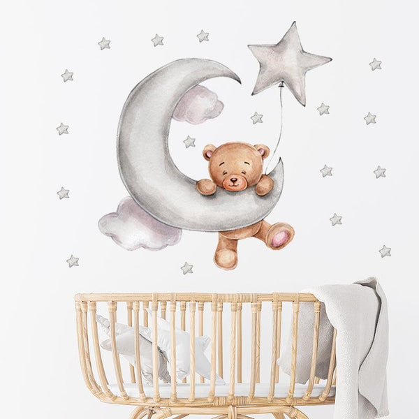 Stickers chambre de bébé - Autocollants Ourson Brun sur la Lune - Mon Doux Cocon