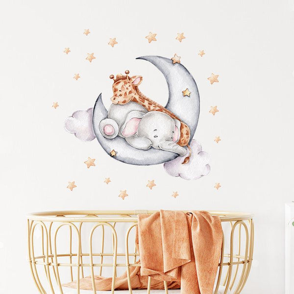 Stickers chambre de bébé - Autocollant girafe et éléphant endormis sur la Lune