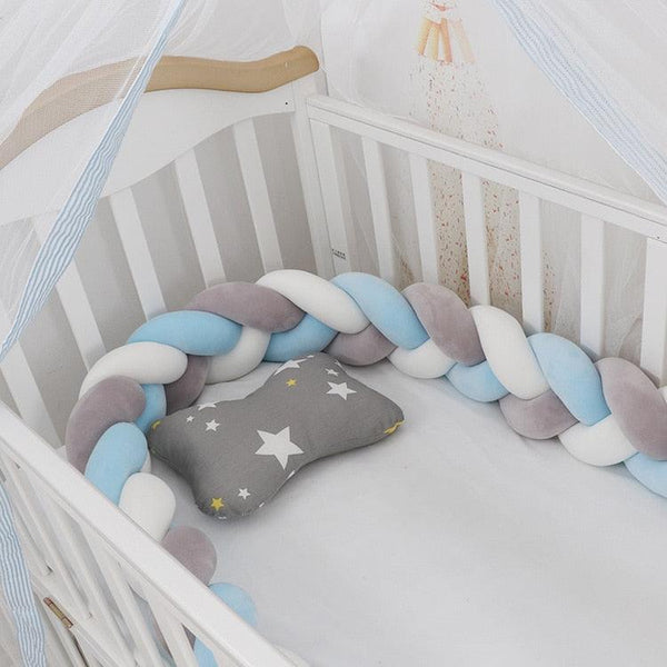 Tour de lit bébé tressé à 2 nattes - Bleu-Blanc-Gris - Mon Doux Cocon